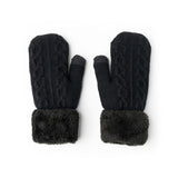 A pair of black cozy cable knit mittens with a plush lining and cuff. Available at Be Charmed