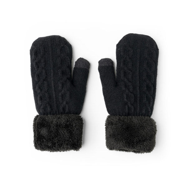 A pair of black cozy cable knit mittens with a plush lining and cuff. Available at Be Charmed