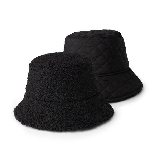 Black Reversible Sherpa Bucket Hat – cozy dual-sided winter hat with plush sherpa on one side and smooth fabric on the other, stylish and warm, available at Be Charmed
