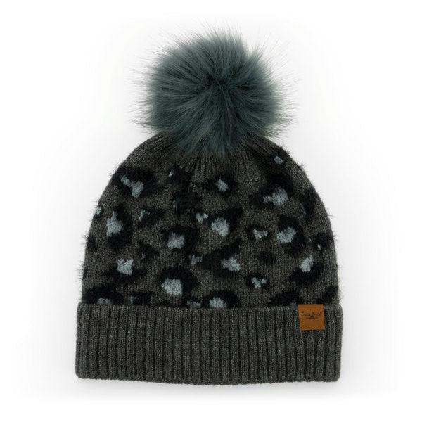 Black Snow Leopard Pom Hats – stylish knit winter hats with bold leopard print, fluffy pom, and cozy fit for warmth and flair, available at Be Charmed