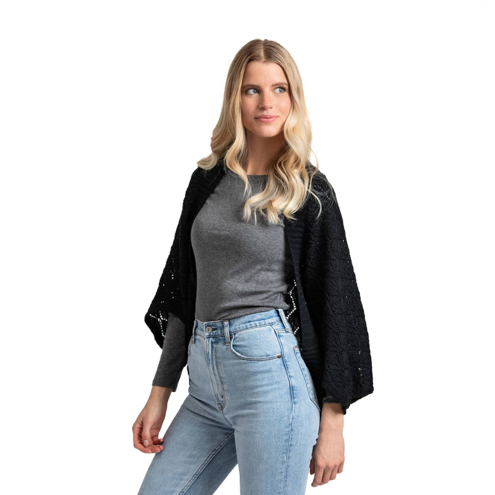 Willow Convertible Shrug – ultra-soft knit piece worn as a shrug, wrap, or scarf, perfect for versatile styling and layering, available at Be Charmed