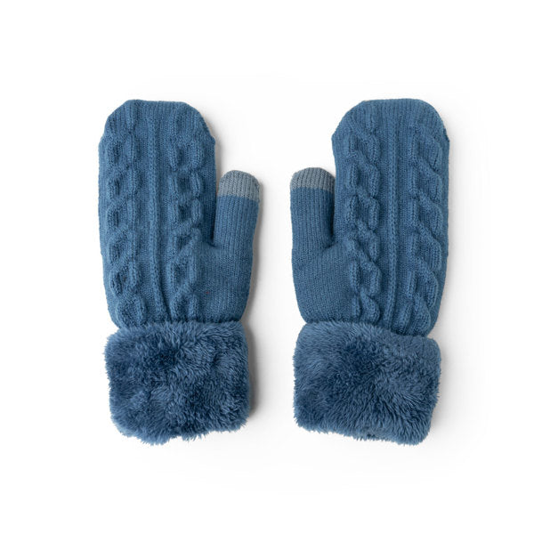 A pair of blue cozy cable knit mittens with a plush lining and cuff. Available at Be Charmed