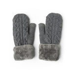 A pair of gray cozy cable knit mittens with a plush lining and cuff. Available at Be Charmed