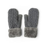 A pair of gray cozy cable knit mittens with a plush lining and cuff. Available at Be Charmed