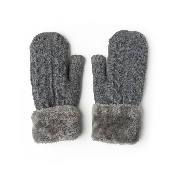 A pair of gray cozy cable knit mittens with a plush lining and cuff. Available at Be Charmed