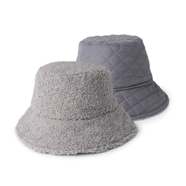 Gray Reversible Sherpa Bucket Hat – cozy dual-sided winter hat with plush sherpa on one side and smooth fabric on the other, stylish and warm, available at Be Charmed