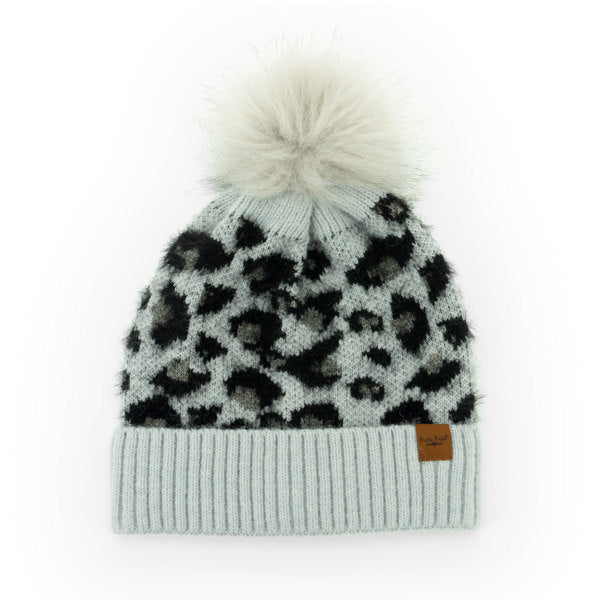 Gray Snow Leopard Pom Hats – stylish knit winter hats with bold leopard print, fluffy pom, and cozy fit for warmth and flair, available at Be Charmed