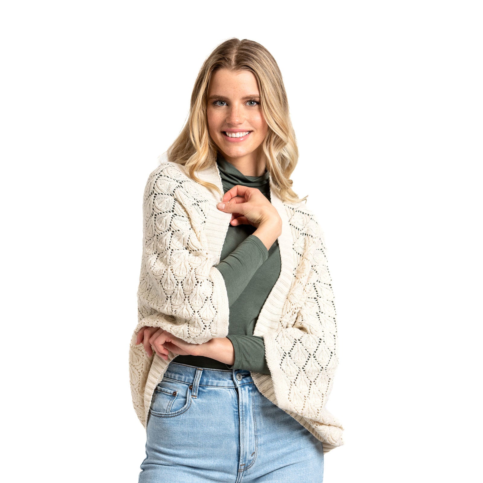Oat Willow Convertible Shrug – ultra-soft knit piece worn as a shrug, wrap, or scarf, perfect for versatile styling and layering, available at Be Charmed