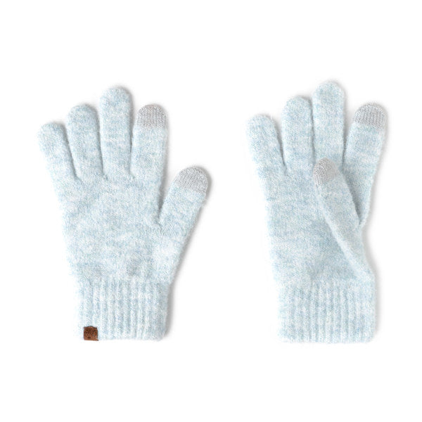 Pair of light gray gloves with a small brown tag on a white background. Available at Be Charmed