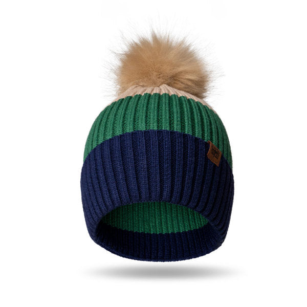 Tan Kid’s Pom Hat – soft knit winter hat with fluffy pom and ribbed cuff, designed for warmth and comfort in cold weather, available at Be Charmed