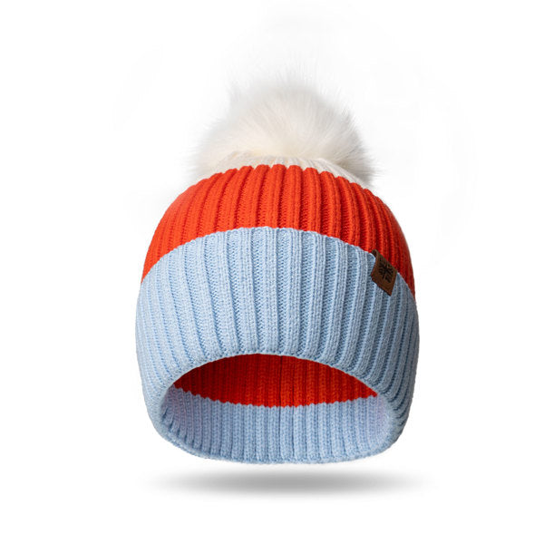 White Kid’s Pom Hat – soft knit winter hat with fluffy pom and ribbed cuff, designed for warmth and comfort in cold weather, available at Be Charmed