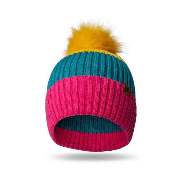 Yellow Kid’s Pom Hat – soft knit winter hat with fluffy pom and ribbed cuff, designed for warmth and comfort in cold weather, available at Be Charmed