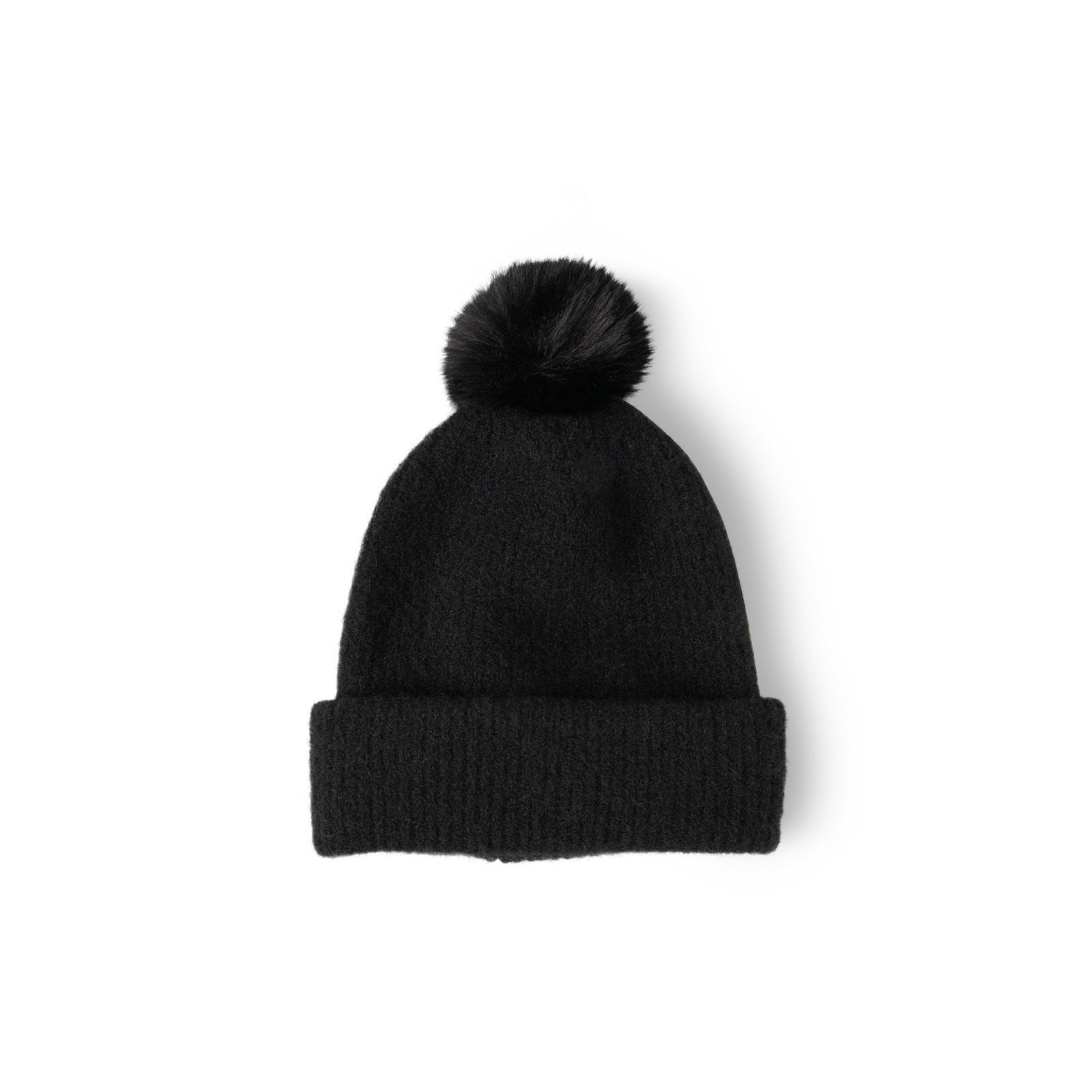 Black knit beanie with a pom-pom on a white background. Available at Be Charmed