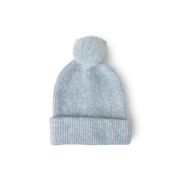 Light blue knit beanie with a pom-pom on a white background. Available at Be Charmed