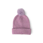 Purple knit beanie with a pom-pom on a white background. Available at Be Charmed