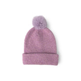 Purple knit beanie with a pom-pom on a white background. Available at Be Charmed