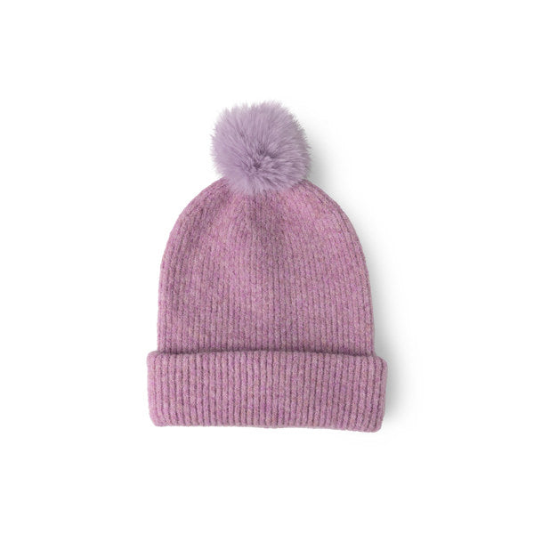 Purple knit beanie with a pom-pom on a white background. Available at Be Charmed