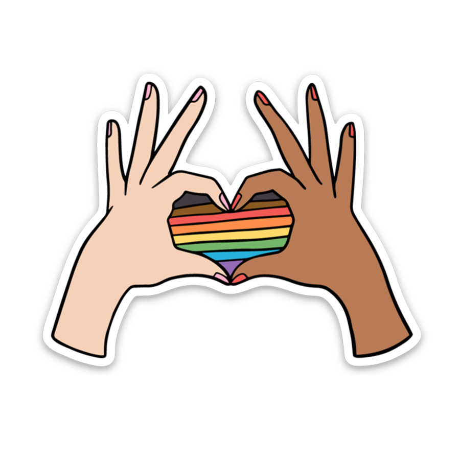 Brittany Paige Pride Heart Sticker featuring rainbow-colored hands forming a heart, available at Be Charmed.