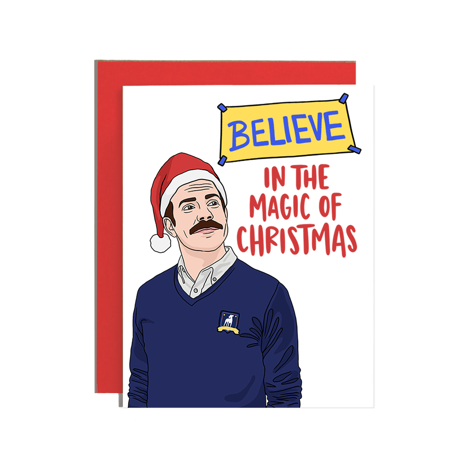 Brittany Paige “Believe in the Magic of Christmas” Ted Lasso holiday card featuring Ted in Santa hat, available at Be Charmed.