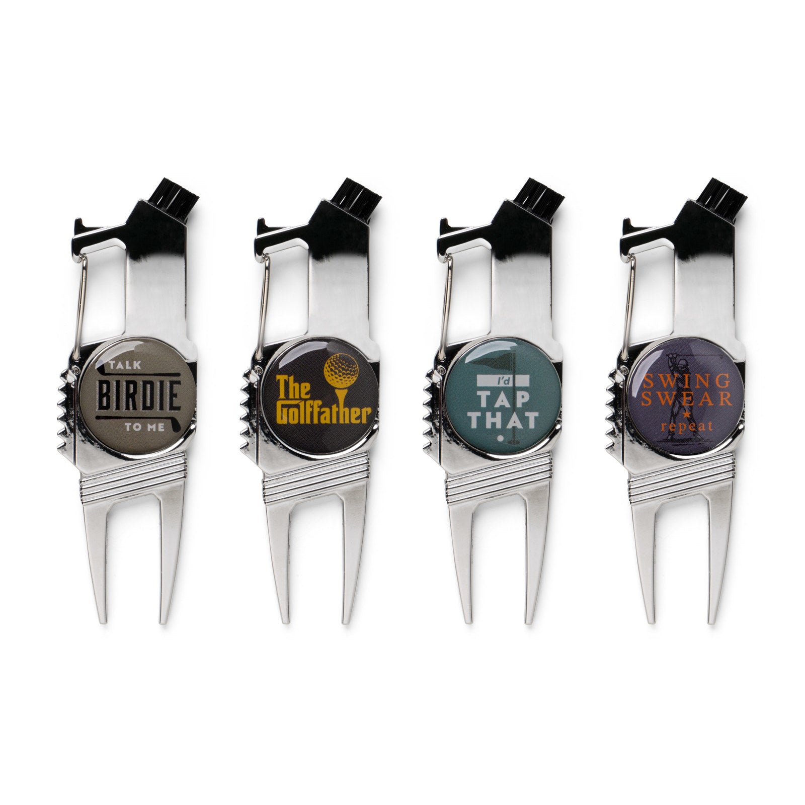 Four golf divot tools with humorous sayings on a white background. Available at Be Charmed
