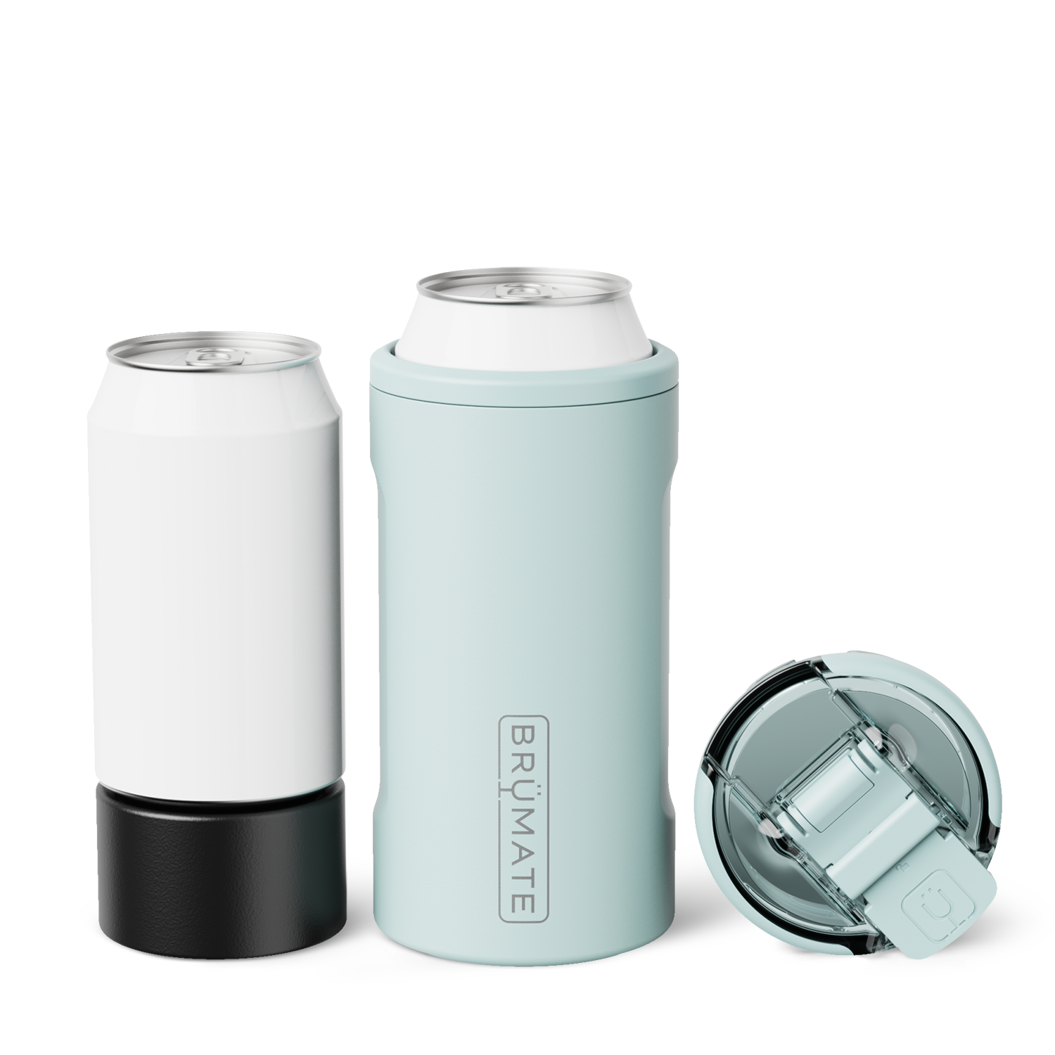 Brumate Blue Agavecan cooler with two cans on a white background. Available at Be Charmed
