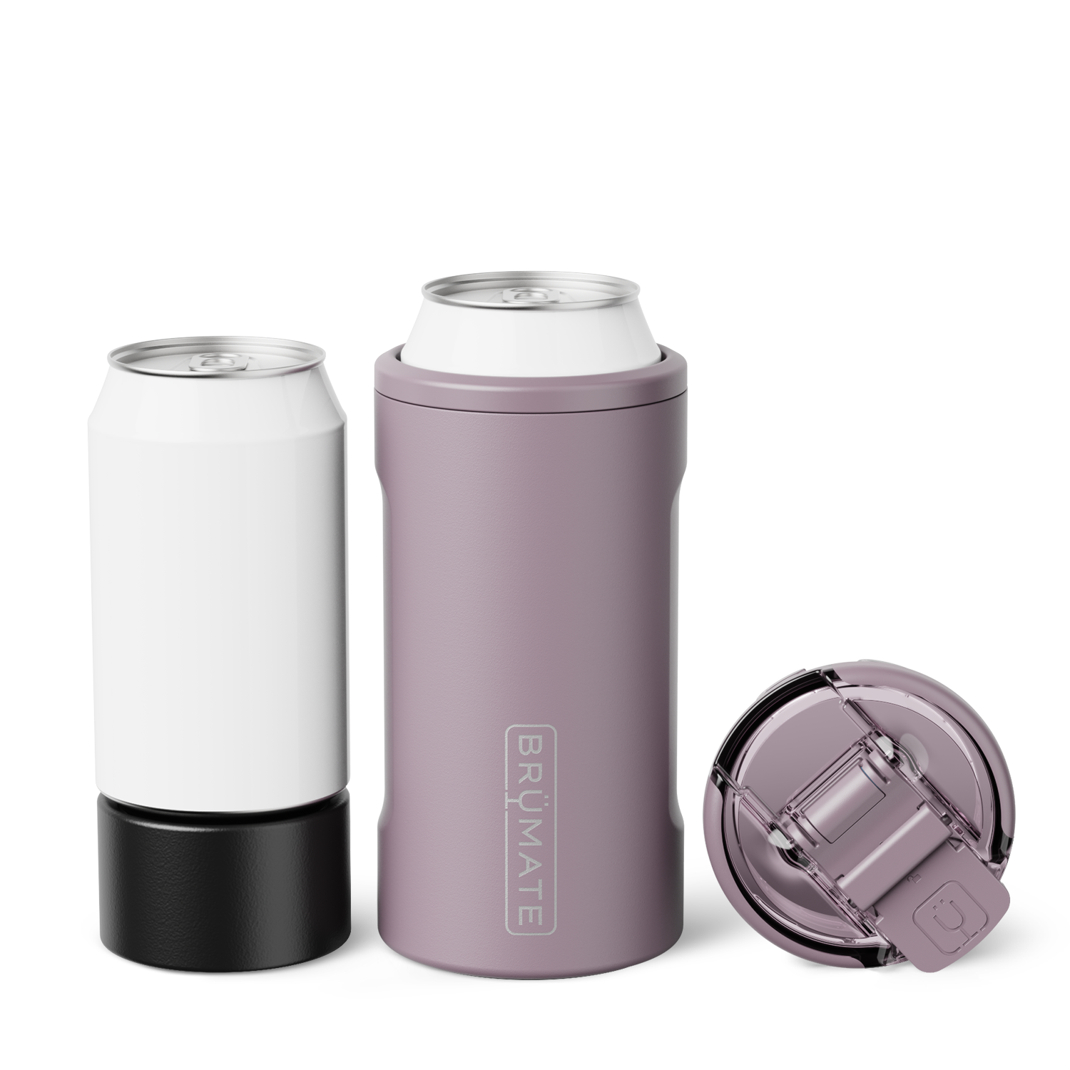 Purple can cooler with a black base and clear lid on a white background. Available at Be Charmed