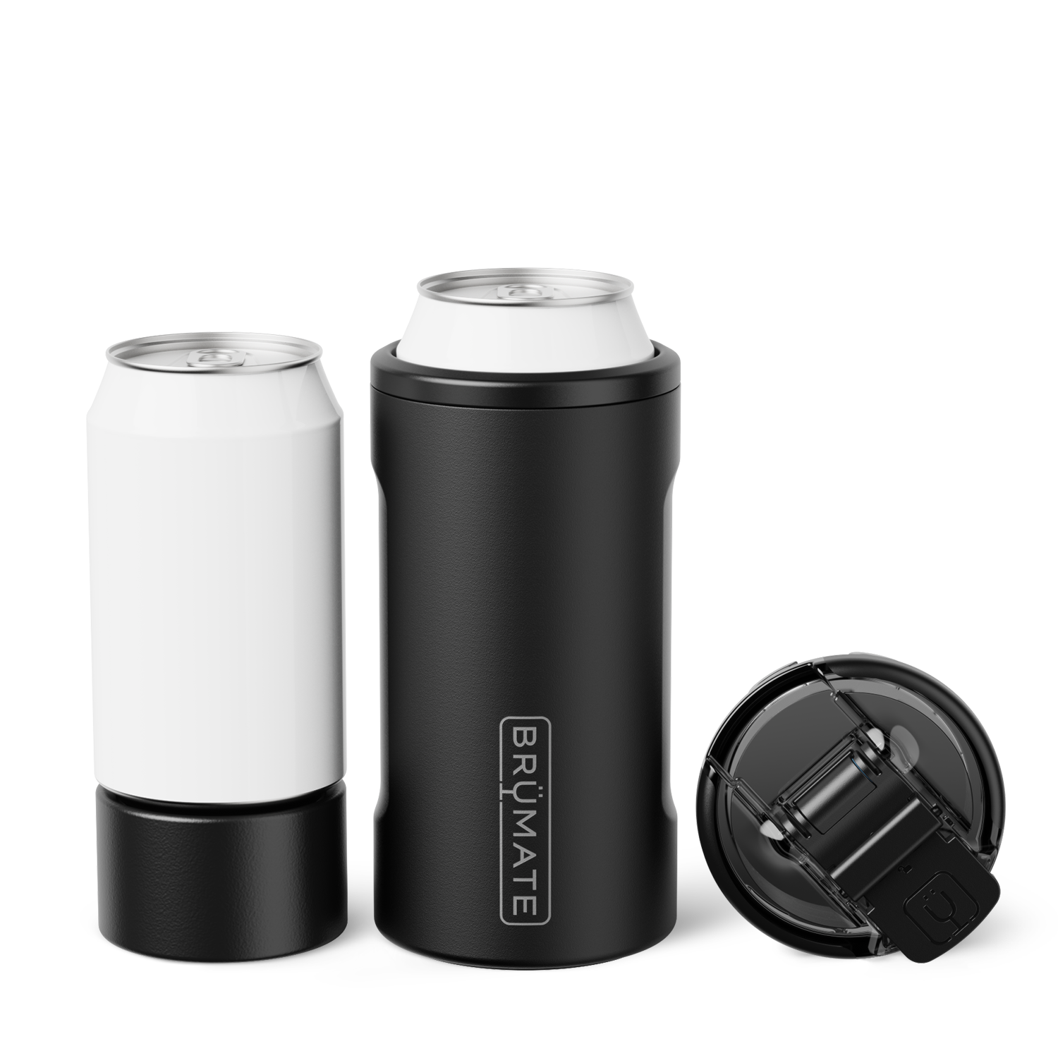 Black can cooler with white cans on a white background. Available at Be Charmed