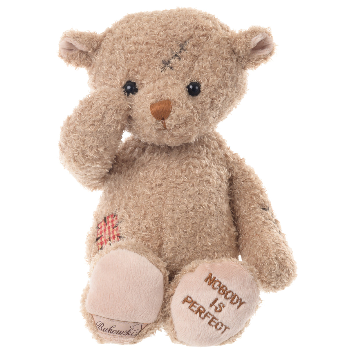 Nobody Is Perfect plush tiger by Bukowski Bears, soft orange and black stripes, playful expression, available at Be Charmed.