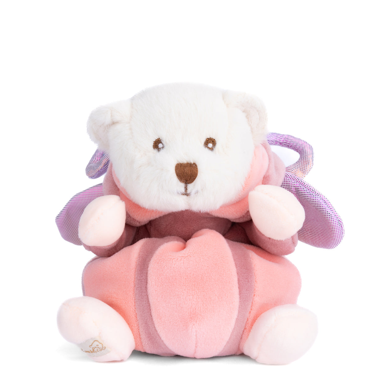 Hood down Rose Ziggy Butterfly plush bear by Bukowski Bears, soft pink and butterfly wings, ultra-cuddly gift toy, available at Be Charmed.