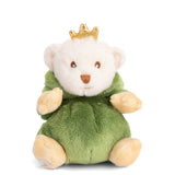 Hood down Ziggy Prince Charles 6" plush bear by Bukowski Bears, dressed in a frog costume with crown, available at Be Charmed.