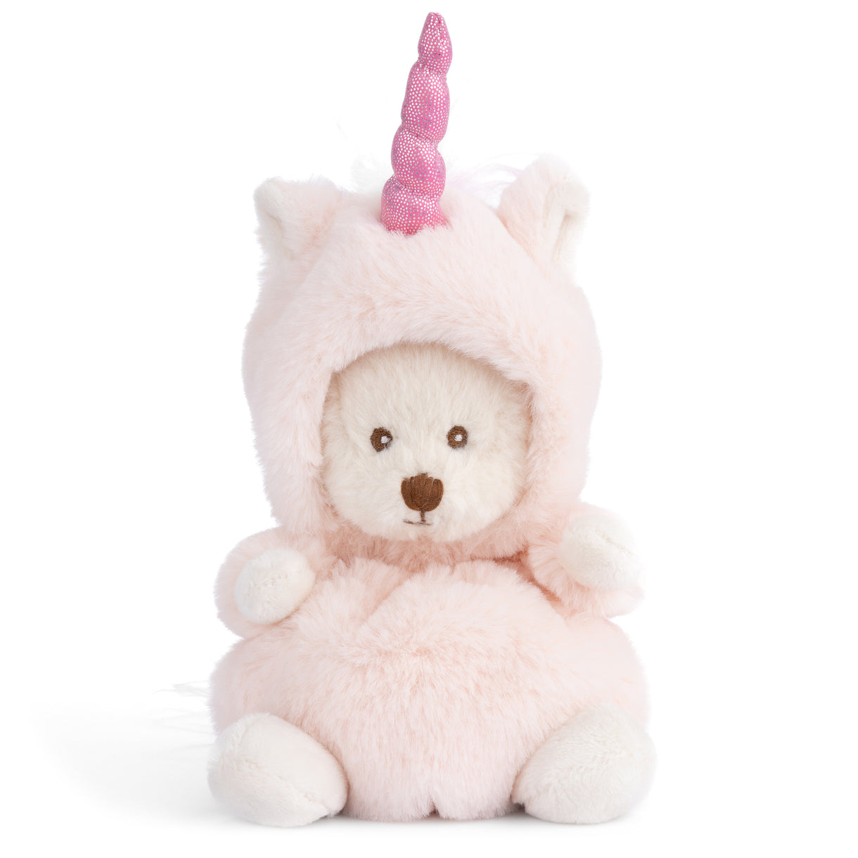 Ziggy Unicorn 6" plush bear by Bukowski Bears, dressed in a pastel unicorn costume with a shimmering pink horn, available at Be Charmed.