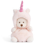 Ziggy Unicorn 6" plush bear by Bukowski Bears, dressed in a pastel unicorn costume with a shimmering pink horn, available at Be Charmed.