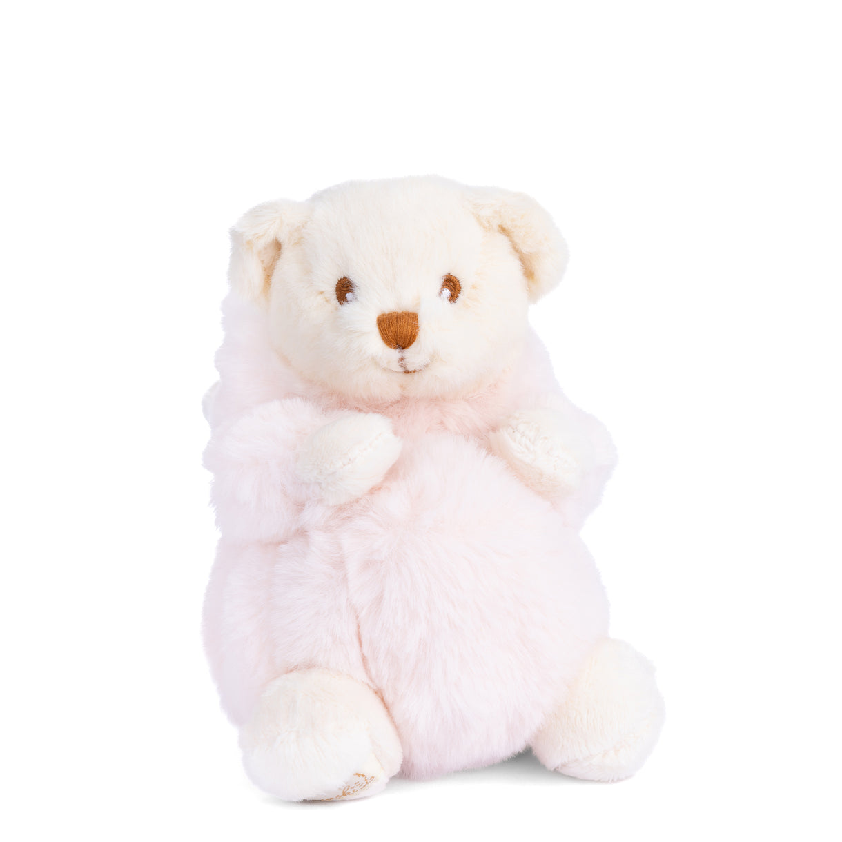 Hood down Ziggy Unicorn 6" plush bear by Bukowski Bears, dressed in a pastel unicorn costume with a shimmering pink horn, available at Be Charmed.
