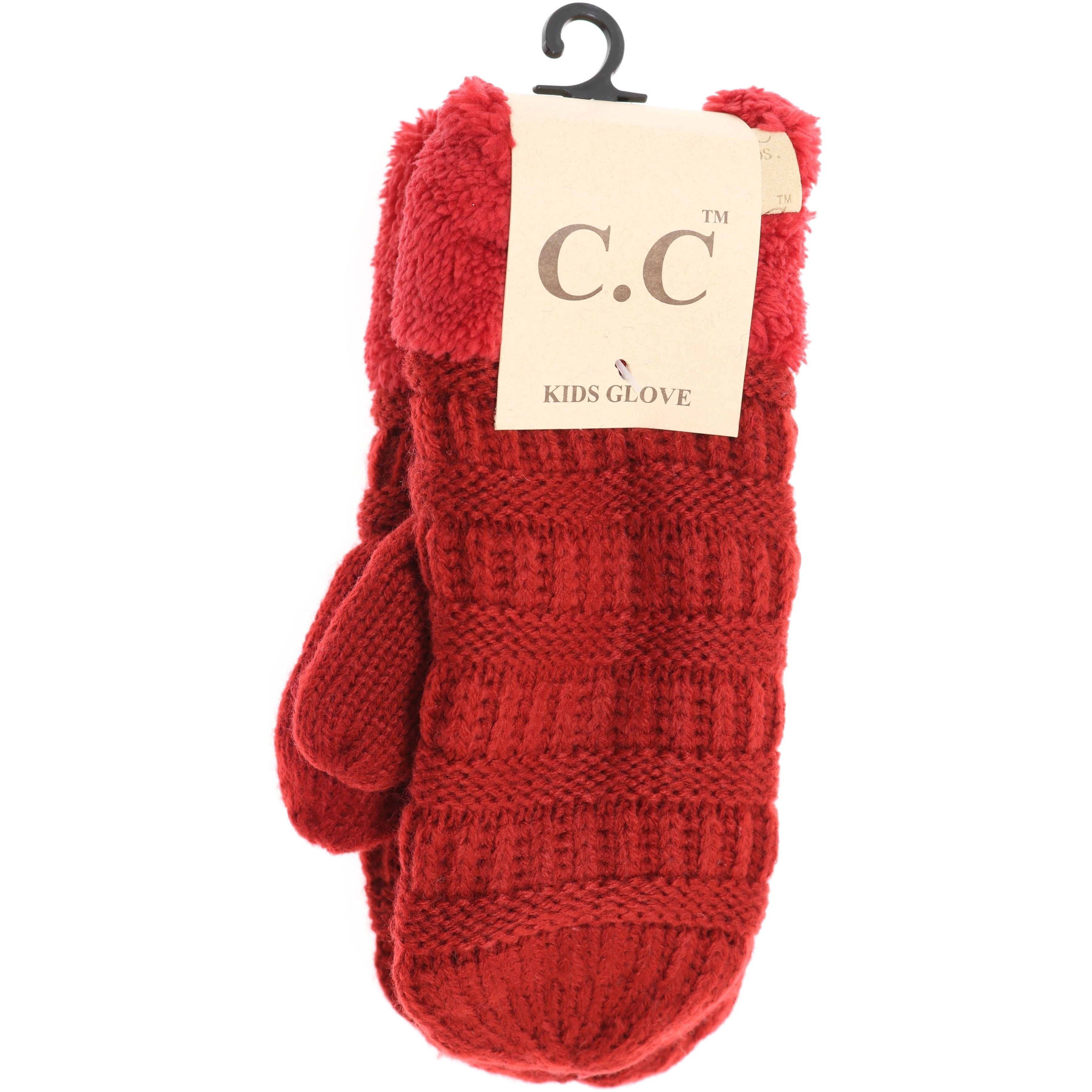 Red Kids Solid Fuzzy Mitten by C.C Beanie—soft, fluffy pink mittens for children, warm and comfortable for cold weather, available at Be Charmed.
