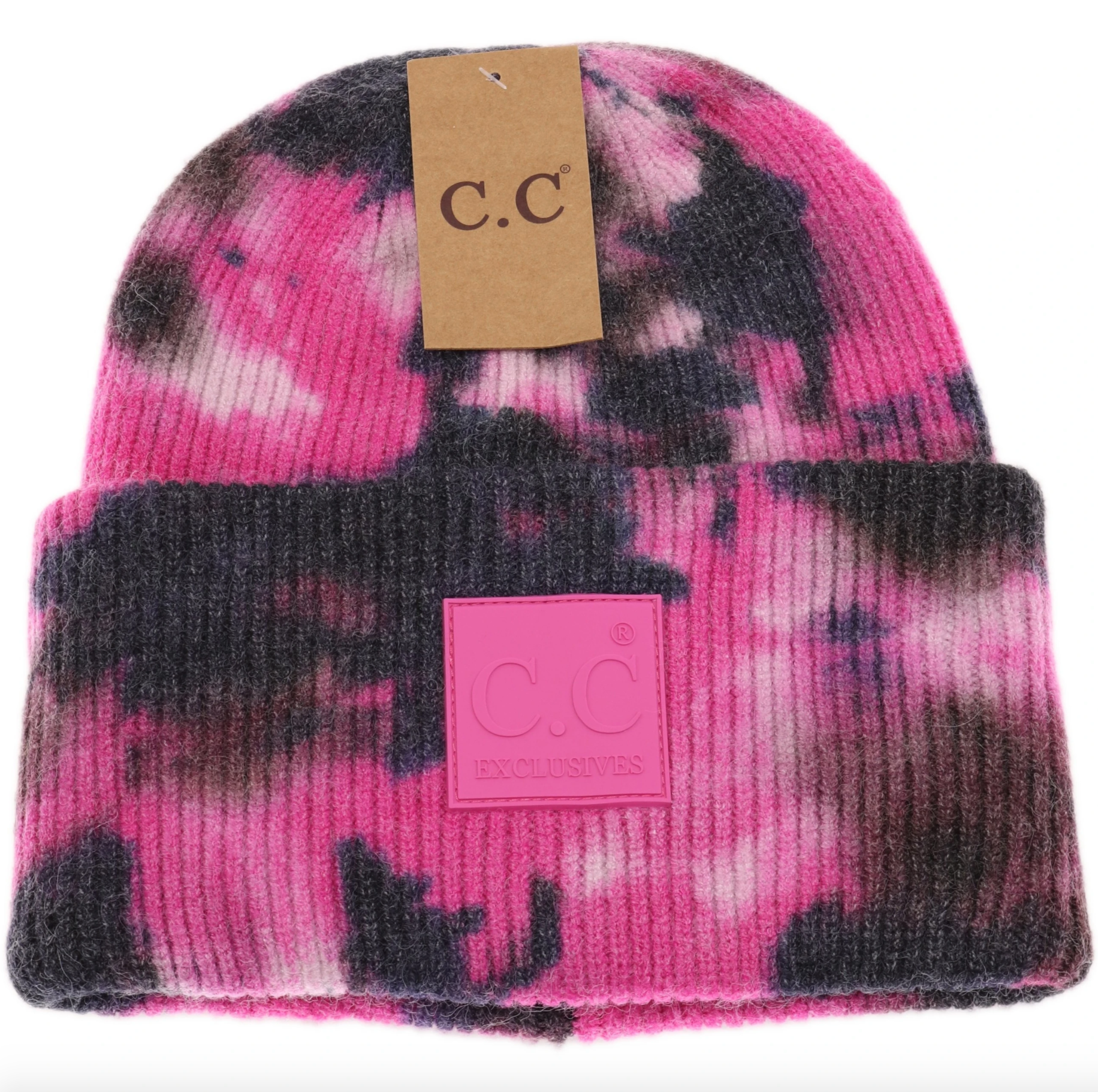 Black and hot pink Tie Dye Beanie with rubber logo patch by C.C Beanie, cozy knit in vibrant swirl pattern, stretchy fit for all, available at Be Charmed.
