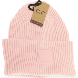  Blush Pink Solid Ribbed Beanie by C.C Beanie—soft knit with a rubber logo patch, perfect for winter style, available at Be Charmed.