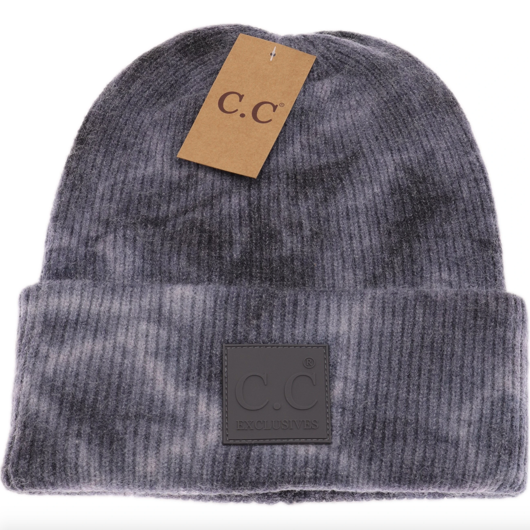 dark and light gray Tie Dye Beanie with rubber logo patch by C.C Beanie, cozy knit in vibrant swirl pattern, stretchy fit for all, available at Be Charmed.
