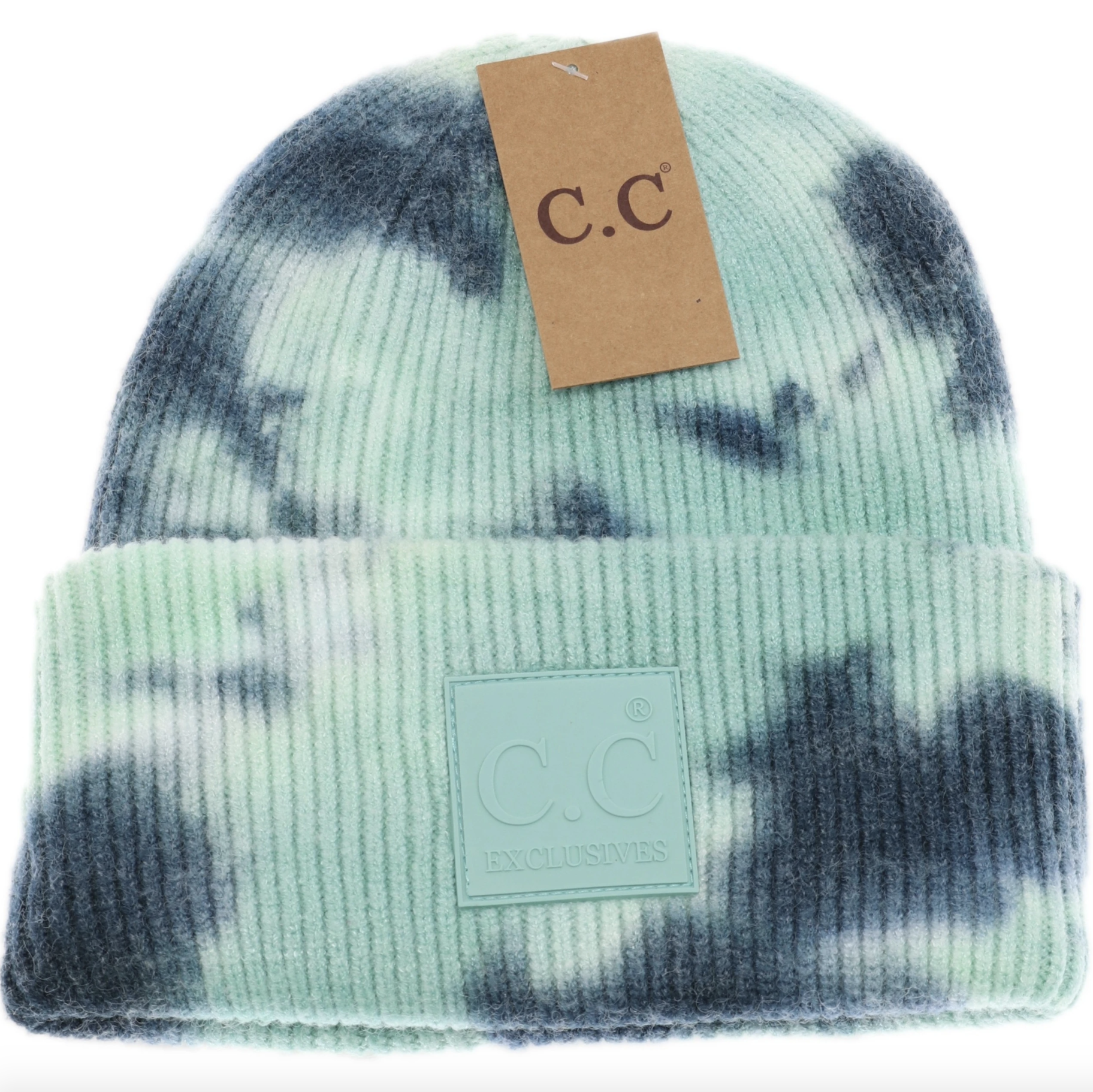 Deep Teal Tie Dye Beanie with rubber logo patch by C.C Beanie, cozy knit in vibrant swirl pattern, stretchy fit for all, available at Be Charmed.