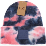 Navy and Pink Tie Dye Beanie with rubber logo patch by C.C Beanie, cozy knit in vibrant swirl pattern, stretchy fit for all, available at Be Charmed.