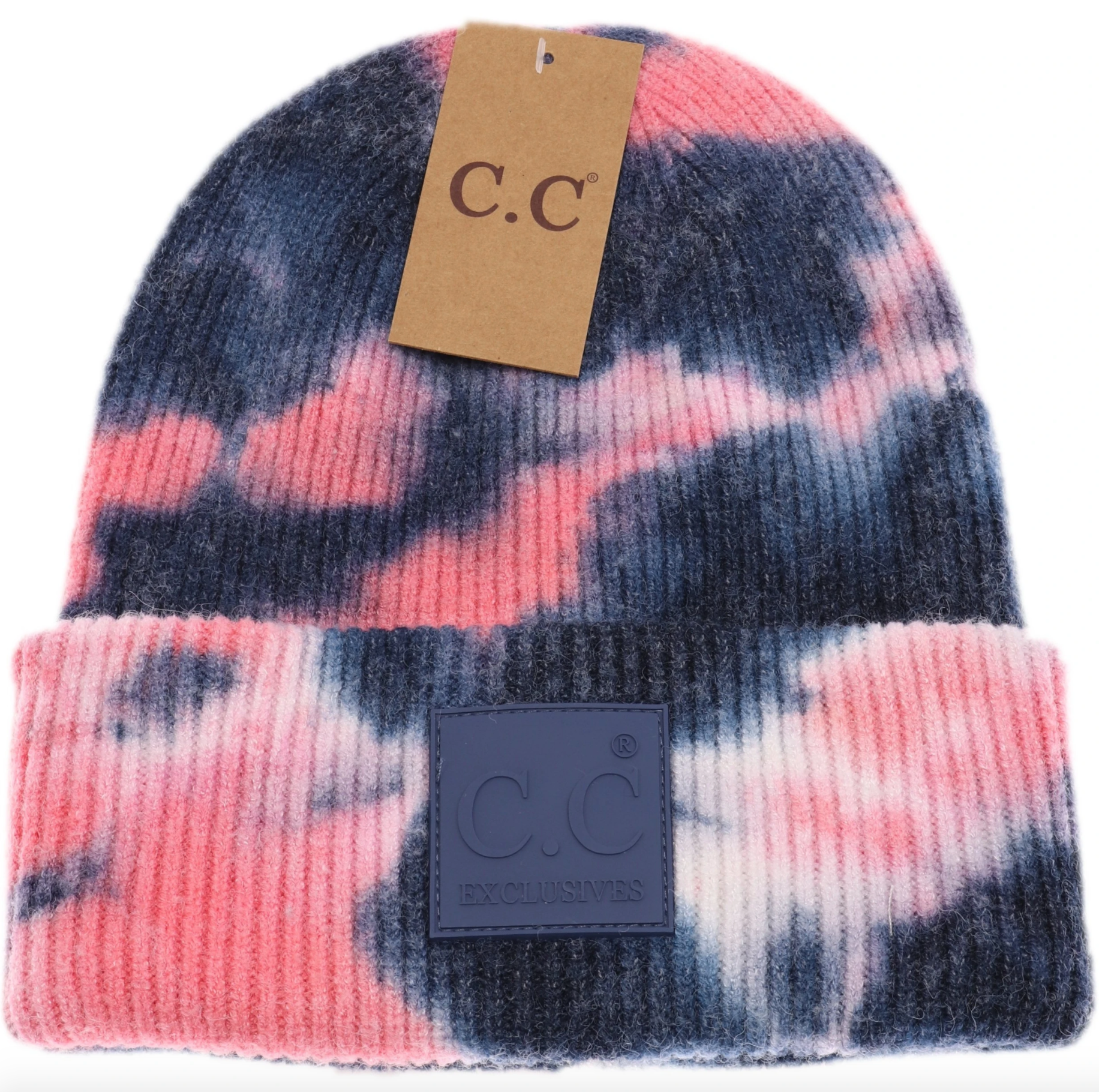 Navy and Pink Tie Dye Beanie with rubber logo patch by C.C Beanie, cozy knit in vibrant swirl pattern, stretchy fit for all, available at Be Charmed.
