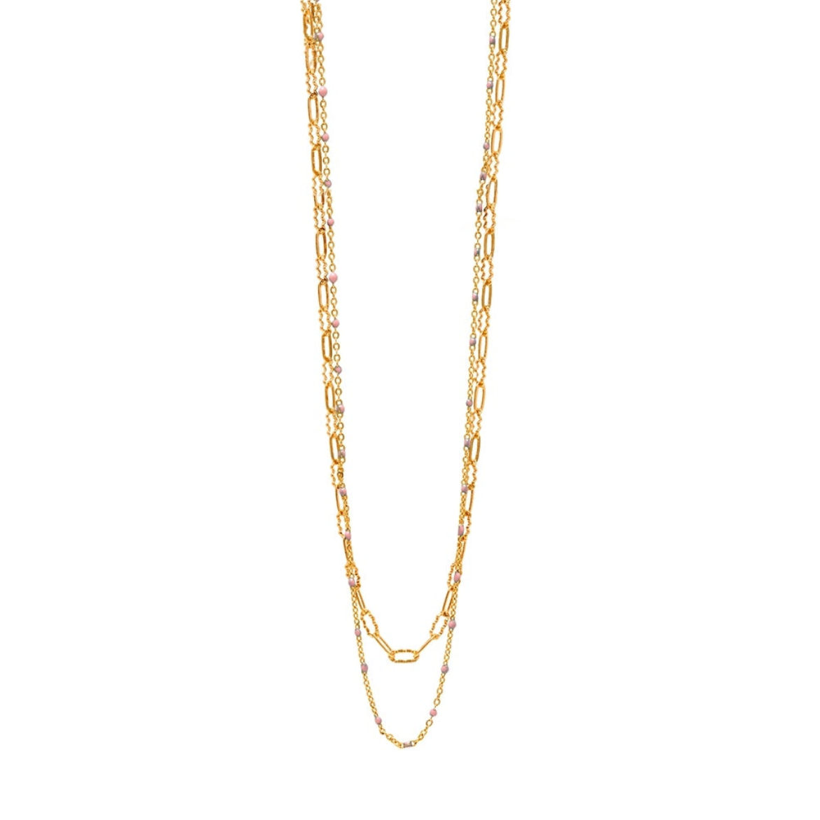 A delicate artisan-crafted Gold/Pink beaded layering chain necklace from the CAI jewelry collection, available at Be Charmed.