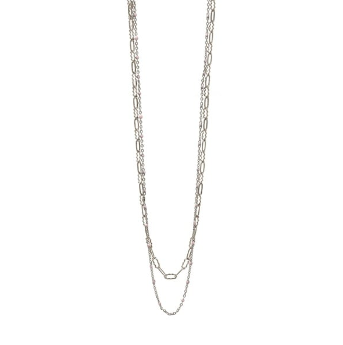 A delicate artisan-crafted Silver/Pink beaded layering chain necklace from the CAI jewelry collection, available at Be Charmed.