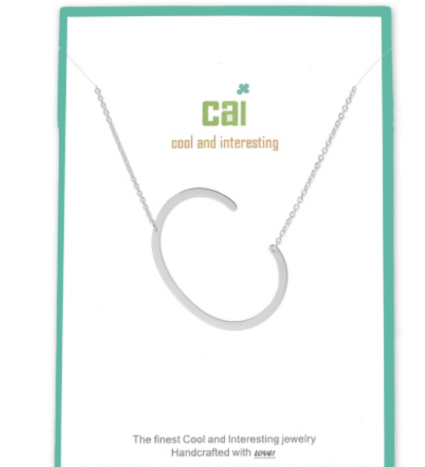 C Silver Initial Necklace by CAI, 16" chain with 2" extension, featuring a sleek silver-plated initial pendant, available at Be Charmed.