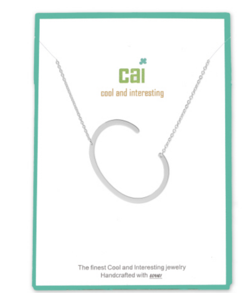 C Silver Initial Necklace by CAI, 16" chain with 2" extension, featuring a sleek silver-plated initial pendant, available at Be Charmed.