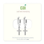 Silver Cross Huggie Earrings by CAI—delicate silver hoop earrings with dangling cross charms, polished finish, available at Be Charmed.
