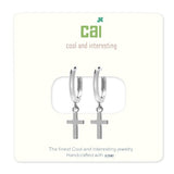 Silver Cross Huggie Earrings by CAI—delicate silver hoop earrings with dangling cross charms, polished finish, available at Be Charmed.