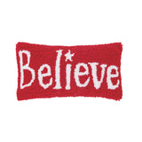 A festive winter accent cushion featuring the word Believe in detailed texturized yarn, the C&F Enterprises Hooked Pillow is available at Be Charmed.