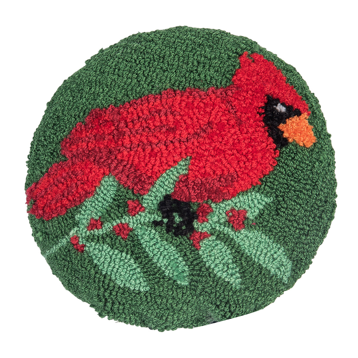 A festive mini round winter accent pillow featuring a vibrant red cardinal bird design in detailed hooked yarn, available at Be Charmed.