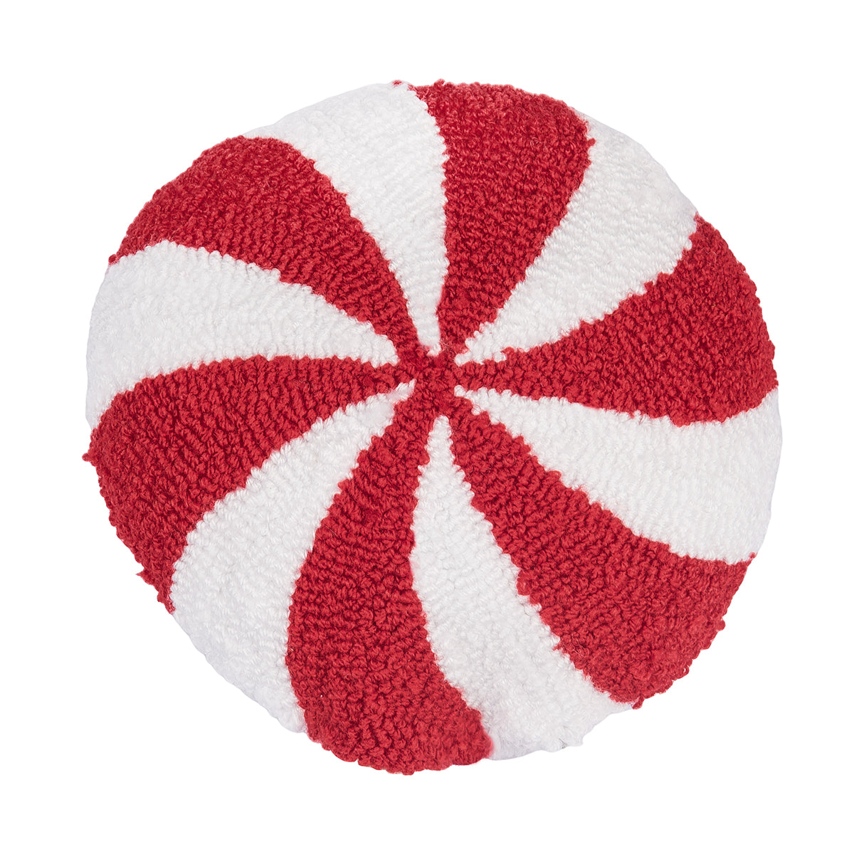 A festive mini round winter accent pillow designed in the shape of a classic holiday peppermint candy with textured hooked yarn, available at Be Charmed.