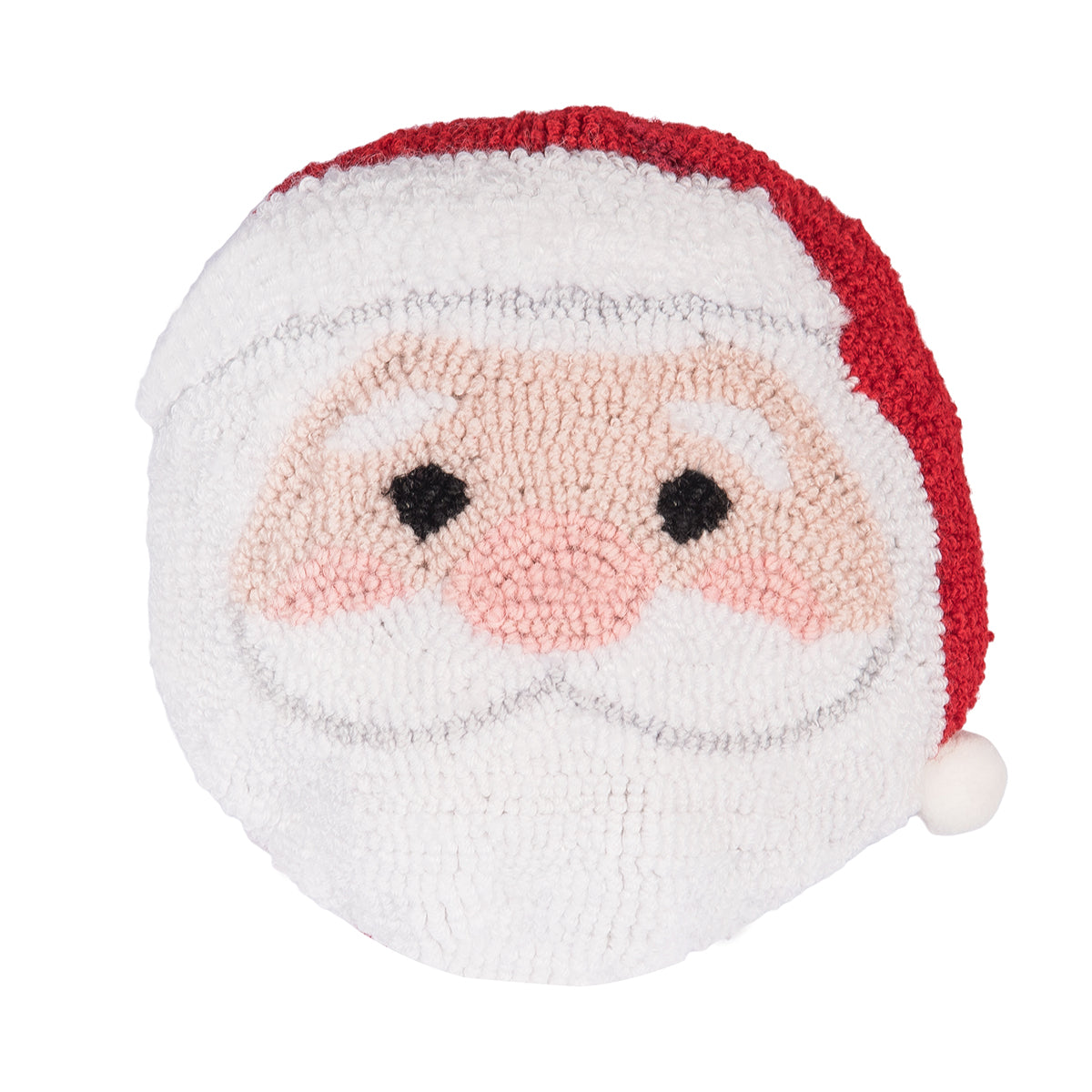 A festive mini round winter accent cushion featuring a jolly Santa Claus face design in detailed hooked yarn, available at Be Charmed.